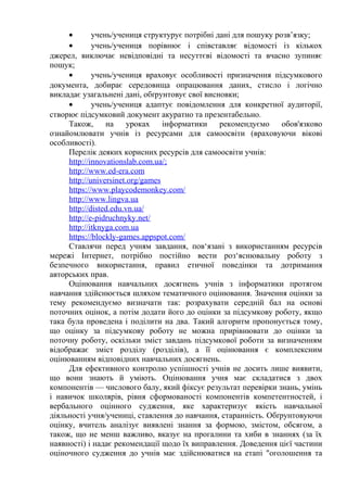• учень/учениця структурує потрібні дані для пошуку розв’язку;
• учень/учениця порівнює і співставляє відомості із кількох
джерел, виключає невідповідні та несуттєві відомості та вчасно зупиняє
пошук;
• учень/учениця враховує особливості призначення підсумкового
документа, добирає середовища опрацювання даних, стисло і логічно
викладає узагальнені дані, обґрунтовує свої висновки;
• учень/учениця адаптує повідомлення для конкретної аудиторії,
створює підсумковий документ акуратно та презентабельно.
Також, на уроках інформатики рекомендуємо обов'язково
ознайомлювати учнів із ресурсами для самоосвіти (враховуючи вікові
особливості).
Перелік деяких корисних ресурсів для самоосвіти учнів:
http://innovationslab.com.ua/;
http://www.ed-era.com
http://universinet.org/games
https://www.playcodemonkey.com/
http://www.lingva.ua
http://disted.edu.vn.ua/
http://e-pidruchnyky.net/
http://itknyga.com.ua
https://blockly-games.appspot.com/
Ставлячи перед учням завдання, пов‘язані з використанням ресурсів
мережі Інтернет, потрібно постійно вести роз‘яснювальну роботу з
безпечного використання, правил етичної поведінки та дотримання
авторських прав.
Оцінювання навчальних досягнень учнів з інформатики протягом
навчання здійснюється шляхом тематичного оцінювання. Значення оцінки за
тему рекомендуємо визначати так: розрахувати середній бал на основі
поточних оцінок, а потім додати його до оцінки за підсумкову роботу, якщо
така була проведена і поділити на два. Такий алгоритм пропонується тому,
що оцінку за підсумкову роботу не можна прирівнювати до оцінки за
поточну роботу, оскільки зміст завдань підсумкової роботи за визначенням
відображає зміст розділу (розділів), а її оцінювання є комплексним
оцінюванням відповідних навчальних досягнень.
Для ефективного контролю успішності учнів не досить лише виявити,
що вони знають й уміють. Оцінювання учня має складатися з двох
компонентів — числового балу, який фіксує результат перевірки знань, умінь
і навичок школярів, рівня сформованості компонентів компетентностей, і
вербального оцінного судження, яке характеризує якість навчальної
діяльності учня/учениці, ставлення до навчання, старанність. Обґрунтовуючи
оцінку, вчитель аналізує виявлені знання за формою, змістом, обсягом, а
також, що не менш важливо, вказує на прогалини та хиби в знаннях (за їх
наявності) і надає рекомендації щодо їх виправлення. Доведення цієї частини
оціночного судження до учнів має здійснюватися на етапі "оголошення та
 