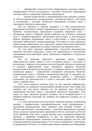 • інформаційні технології (теми «Опрацювання текстових даних»,
«Опрацювання об’єктів мультимедіа» і частково «Технології опрацювання
числових даних у середовищі табличного процесора»);
• основи алгоритмізації та програмування (теми «Основи подійно-
та об'єктно-орієнтованого програмування», «Алгоритми роботи з об’єктами
та величинами» і частково «Технології опрацювання числових даних у
середовищі табличного процесора»).
Під час навчання за першим напрямом у 8 класі розпочинається
формування понятійного апарату інформатики як науки. Учні знайомляться з
базовими математичними принципами кодування інформації (тема 1.
«Кодування даних»). Отримані знання необхідні для успішного засвоєння
теми 2. «Апаратно-програмне забезпечення комп’ютера», де розглядаються
фізичні принципи опрацювання даних в комп’ютерах, а також системне
програмне забезпечення, зокрема архіватори. Учні мають не лише навчитися
користуватися архіватором, але й зрозуміти, завдяки чому може відбуватися
стискання даних, спираючись на здобуті знання під час вивчення теми 1.
На 2-му рівні вивчення інформаційних технологій продовжується
вивчення текстового процесора, а також учні знайомляться із технологіями
опрацювання мультимедійних даних, навчаються створювати та редагувати
відеокліпи.
Під час вивчення табличного процесора мають, зокрема,
закріплюватися знання, здобуті в темі «Алгоритми роботи з об’єктами та
величинами». Зокрема, застосування логічних функцій табличного процесора
й умовного форматування надає можливість закріпити розуміння
алгоритмічної конструкції розгалуження, а створення таблиць за допомогою
копіювання формул – алгоритмічної конструкції повторення. Водночас
упорядкування даних у таблицях, використання фільтрів та підсумків має
стати пропедевтикою викладання алгоритмів роботи з табличними
величинами, які вивчатимуться в 9 класі в змістових лініях ОАП та Бази
даних у старшій школі.
Слід також звернути особливу увагу на таку важливу інформатичну
компетенцію, як створення та налагодження діаграм різного типу, вибір типу
діаграми, яку учні мають набувати під час вивчення теми «Технології
опрацювання числових даних у середовищі табличного процесора». Учні
мають не лише навчитися будувати діаграми, але й інтерпретувати їх та
вибирати найбільш доцільний тип діаграми для графічного подання тих чи
інших даних.
У 8 класі рекомендується розпочинати вивчення процесу розроблення
програм з використанням повнофункціональної мови програмування і
середовища програмування. Мета навчання теми «Основи подійно- та
об'єктно-орієнтованого програмування» – розпочати формування ключових
понять сучасного програмування: програмного об’єкта, пов’язаної з об’єктом
події, обробника події тощо, а також навчити учнів створювати найпростіші
програми з графічним інтерфейсом. Із двох тем навчальної програми,
присвячених програмуванню, зазначена тема вказана першою для того, щоб
подальше вивчення програмування у 8 та 9 класах відбувалося з орієнтацією
на розроблення об’єктно- та подійно-орієнтованих програм для операційних
 