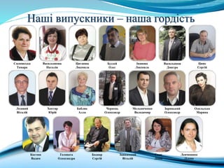 Наші випускники – наша гордість
Сосновська
Тамара
Васильянова
Наталія
Циганюк
Людмила
Будзей
Олег
Іванова
Людмила
Васильянов
Дмитро
Цвяк
Сергій
Лозовий
Віталій
Хоптяр
Юрій
Бабляк
Алла
Чернець
Олександр
Мельниченко
Володимир
Зарицький
Олександр
Одольська
Марина
Костюк
Вадим
Головата
Олександра
Боднар
Сергій
Завадський
Віталій
Гнап
Діана
Левчишина
Олена
 