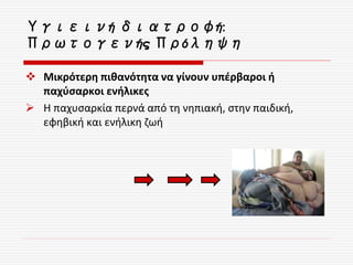  Μικρότερη πιθανότητα να γίνουν υπέρβαροι ή
παχύσαρκοι ενήλικες
 Η παχυσαρκία περνά από τη νηπιακή, στην παιδική,
εφηβική και ενήλικη ζωή
Υγιεινή διατροφή:
Πρωτογενής Πρόληψη
 
