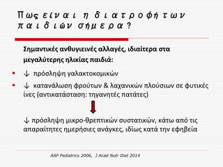 Πως είναι η διατροφή των
παιδιών σήμερα ?
Σημαντικές ανθυγιεινές αλλαγές, ιδιαίτερα στα
μεγαλύτερης ηλικίας παιδιά:
 ↓ πρόσληψη γαλακτοκομικών
 ↓ κατανάλωση φρούτων & λαχανικών πλούσιων σε φυτικές
ίνες (αντικατάσταση: τηγανητές πατάτες)
↓ πρόσληψη μικρο-θρεπτικών συστατικών, κάτω από τις
απαραίτητες ημερήσιες ανάγκες, ιδίως κατά την εφηβεία
AAP Pediatrics 2006, J Acad Nutr Diet 2014
 