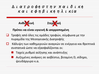 Διατροφή στην παιδική
και εφηβική ηλικία
Ανθυγιεινή Στερητική
Πρέπει να είναι υγιεινή & ισορροπημένη
 Τροφές από όλες τις ομάδες τροφών, σύμφωνα με την
πυραμίδα της Μεσογειακής Διατροφής
 Κάλυψη των καθημερινών αναγκών σε ενέργεια και θρεπτικά
συστατικά ώστε να εξασφαλίζονται οι:
 Ταχείς ρυθμοί αύξησης και ανάπτυξης
 Αυξημένες ανάγκες σε ασβέστιο, βιταμίνη D, σίδηρο,
ψευδάργυρο κ.α.
 