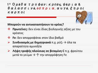 Μπορούν να αντικαταστήσουν το κρέας?
 Πρωτεΐνες: δεν είναι ίδιας βιολογικής αξίας με του
κρέατος
 Fe: δεν απορροφάται στον ίδιο βαθμό
 Συνδυασμός με δημητριακά π.χ. ρύζι → όλα τα
απαραίτητα αμινοξέα
 Λήψη τροφής πλούσιας σε βιταμίνη C π.χ. φρούτου
μετά το γεύμα → ↑ την απορρόφηση Fe
1η Ομάδα τροφών: κρέας, ψάρια &
θαλασσινά, όσπρια, αυγά, ξηροί
καρποί
 
