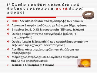  ΠΟΤΕ δεν αποκλείονται από τη διατροφή των παιδιών
 Λεύκωμα 2 αυγών ισοδύναμο με λεύκωμα 30γρ. κρέατος
 Βιταμίνες (A, B, D, E) & Ιχνοστοιχεία (Σίδηρος, Σελήνιο)
 Ουσίες απαραίτητες για τον εγκέφαλο (χολίνη →
ακετυλοχολίνη)
 Ουσίες (Lutein & Zeixanthin) που προφυλάσσουν από την
εκφύλιση της ωχράς και τον καταρράκτη
 Λεκιθίνη: κάνει τη χοληστερόλη «μη διαθέσιμη για
απορρόφηση»
 Μόρια χοληστερόλης: LDL-C: λιγότερο αθηρογόνα
HDL-C: πιο αποτελεσματικά
 Σύσταση: 3-5/εβδομάδα (> 2 χρόνων)
1η Ομάδα τροφών: κρέας, ψάρια &
θαλασσινά, όσπρια, αυγά, ξηροί
καρποί
 