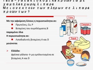Γάλα - γαλακτοκομικά προϊόντα με
χαμηλά ή χωρίς λιπαρά
Μειονεκτούν των πλήρων σε λιπαρά
προϊόντων ?
Με την αφαίρεση λίπους η περιεκτικότητα σε:
 Πρωτεΐνες, Ca, P
 Βιταμίνες του συμπλέγματος Β
παραμένει ίδια
Η περιεκτικότητα σε:
 Λιποδιαλυτές βιταμίνες Α και D
μειώνεται
 Ελλάδα:
φρέσκα γάλατα → μη εμπλουτισμένα σε
βιταμίνες Α και D
Γάλα
Γιαούρτι
Τυριά
 