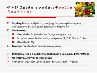 4η + 5η Ομάδα τροφών: Φρούτα +
Λαχανικά
 Περιλαμβάνονται: Φρέσκα, κατεψυγμένα, κονσερβοποιημένα,
αποξηραμένα & 100% χυμοί φρούτων & λαχανικών
 Πλούσια σε:
 Υδατοδιαλυτές φυτικές ίνες όπως είναι η πηκτίνη
 Βιταμίνες - Αντιοξειδωτικούς παράγοντες (Α, C, Κ, Φυλλικό οξύ)
 Μέταλλα (Κ, Mg)
 Συνιστώνται ολόκληρα φρούτα και όχι χυμοί
 Σύσταση: 2-4 & 3-5 μερίδες/μέρα (ανάλογα με ηλικία/φύλο/άθληση)
 Να καταναλώνονται σε κάθε γεύμα
 ΑΑΡ: χυμοί Όχι >120-160ml (1-6χρ.) & > 240-320ml (7-19χρ.)
 