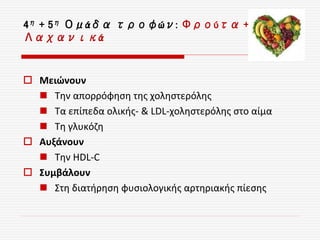 4η + 5η Ομάδα τροφών: Φρούτα +
Λαχανικά
 Μειώνουν
 Την απορρόφηση της χοληστερόλης
 Τα επίπεδα ολικής- & LDL-χοληστερόλης στο αίμα
 Τη γλυκόζη
 Αυξάνουν
 Την HDL-C
 Συμβάλουν
 Στη διατήρηση φυσιολογικής αρτηριακής πίεσης
 