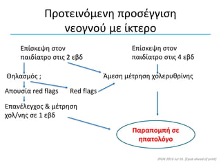 Προτεινόμενη προσέγγιση
νεογνού με ίκτερο
Επίσκεψη στον
παιδίατρο στις 2 εβδ
Θηλασμός ;
Απουσία red flags Red flags
Επανέλεγχος & μέτρηση
χολ/νης σε 1 εβδ
Παραπομπή σε
ηπατολόγο
Άμεση μέτρηση χολερυθρίνης
Επίσκεψη στον
παιδίατρο στις 4 εβδ
JPGN 2016 Jul 16. [Epub ahead of print]
 