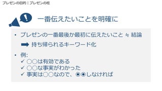 プレゼンの目的｜プレゼンの柱
一番伝えたいことを明確に
• プレゼンの一番最後か最初に伝えたいこと ≒ 結論
持ち帰られるキーワード化
• 例:
 ◯◯は有効である
 ◯◯な事実がわかった
 事実は◯◯なので、◉◉しなければ
 