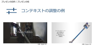 コンテキストの調整の例
出典: Apple CM 出典: Dyson CM
プレゼンの目的｜プレゼンの柱
 
