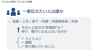 • 役員｜上司｜部下｜同僚｜利害関係者｜汎用
一番伝えたい人は誰か
その人と自分の”距離感”は？
仲介、媒介になる人はいるのか
 ミッション
 課題
 取り組んでいること
プレゼンの目的｜プレゼンの対象
 