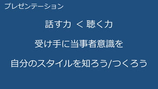 プレゼンテーション
話す力 ＜ 聴く力
受け手に当事者意識を
自分のスタイルを知ろう/つくろう
 
