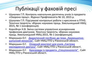 Публікації у фаховій пресі
• Шукалюк Г.П. Контроль навчальних досягнень учнів із предмета
«Охорона праці». Журнал Профтехосвіта № 10, 2015 р.
• Шукалюк Г.П. Підсумкові контрольні роботи з креслення в ПТНЗ.
Технічна творчість: збірник наукових праць. Хмельницький НМЦ
2015, № 1 (конференція).
• Корнійчук Н.В. Зміна системи управління асинхронним
трифазним двигуном. Технічна творчість: збірник наукових
праць. Хмельницький НМЦ 2015, № 1 (конференція).
• Маркушин О.Г. Дидактичний посібник до теми „Кривошипно-
шатунний механізм“. Сайт НМЦ ПТО у Рівненській області.
• Маркушин О.Г. Опорний конспект для учнів „Система
охолодження двигуна”. Сайт НМЦ ПТО у Рівненській області.
• Маркушин О.Г. Кросворди із предмета „Спецтехнологія” . Сайт
НМЦ ПТО у Рівненській області.
 