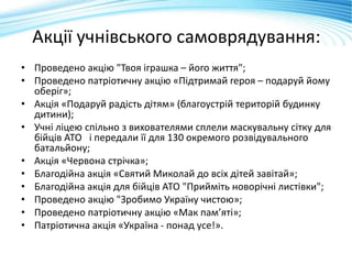 Акції учнівського самоврядування:
• Проведено акцію "Твоя іграшка – його життя";
• Проведено патріотичну акцію «Підтримай героя – подаруй йому
оберіг»;
• Акція «Подаруй радість дітям» (благоустрій територій будинку
дитини);
• Учні ліцею спільно з вихователями сплели маскувальну сітку для
бійців АТО і передали її для 130 окремого розвідувального
батальйону;
• Акція «Червона стрічка»;
• Благодійна акція «Святий Миколай до всіх дітей завітай»;
• Благодійна акція для бійців АТО "Прийміть новорічні листівки";
• Проведено акцію "Зробимо Україну чистою»;
• Проведено патріотичну акцію «Мак пам’яті»;
• Патріотична акція «Україна - понад усе!».
 
