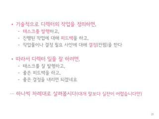 • 기술적으로 디렉터의 작업을 정의하면,
– 태스크를 발행하고,
– 진행된 작업에 대해 피드백을 하고,
– 작업물이나 결정 필요 사안에 대해 결정(컨펌)을 한다
• 따라서 디렉터 일을 잘 하려면,
– 태스크를 잘 발행하고,
– 좋은 피드백을 하고,
– 좋은 결정을 내리면 되겠네요
… 하나씩 차례대로 살펴봅시다(대개 말보다 실천이 어렵습니다만)
28
 