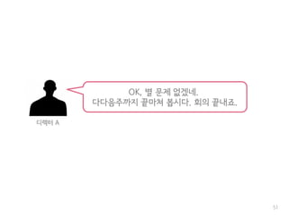 51
OK, 별 문제 없겠네.
다다음주까지 끝마쳐 봅시다. 회의 끝내죠.
디렉터 A
 