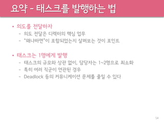 요약 – 태스크를 발행하는 법
• 의도를 전달하자
– 의도 전달은 디렉터의 핵심 업무
– “왜냐하면”이 포함되었는지 살펴보는 것이 포인트
• 태스크는 1명에게 발행
– 태스크의 규모와 상관 없이, 담당자는 1~2명으로 최소화
– 특히 여러 직군이 연관된 경우
– Deadlock 등의 커뮤니케이션 문제를 줄일 수 있다
54
 