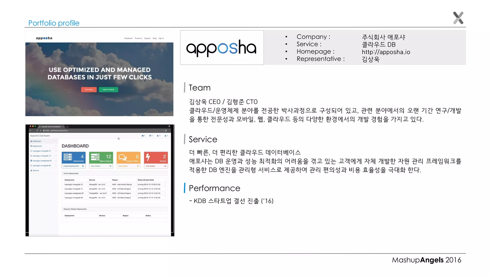 MashupAngels 2016
Portfolio profile
주식회사 애포샤
클라우드 DB
http://apposha.io
김상욱
• Company :
• Service :
• Homepage :
• Representative :
Team
김상욱 CEO / 김형준 CTO
클라우드/운영체제 분야를 전공한 박사과정으로 구성되어 있고, 관련 분야에서의 오랜 기간 연구/개발
을 통한 전문성과 모바일, 웹, 클라우드 등의 다양한 환경에서의 개발 경험을 가지고 있다.
더 빠른, 더 편리한 클라우드 데이터베이스
애포샤는 DB 운영과 성능 최적화의 어려움을 겪고 있는 고객에게 자체 개발한 자원 관리 프레임워크를
적용한 DB 엔진을 관리형 서비스로 제공하여 관리 편의성과 비용 효율성을 극대화 한다.
Service
- KDB 스타트업 결선 진출 (‘16)
Performance
 