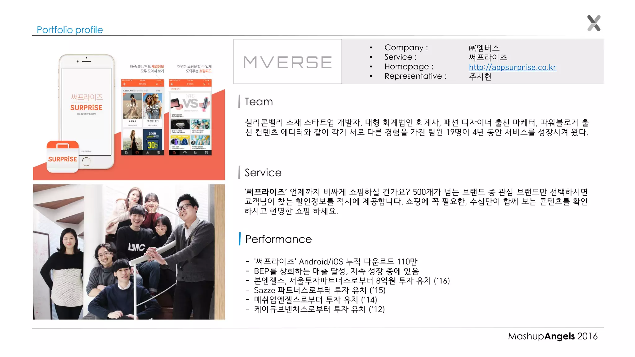 MashupAngels 2016
Portfolio profile
㈜엠버스
써프라이즈
http://appsurprise.co.kr
주시현
• Company :
• Service :
• Homepage :
• Representative :
Team
실리콘밸리 소재 스타트업 개발자, 대형 회계법인 회계사, 패션 디자이너 출신 마케터, 파워블로거 출
신 컨텐츠 에디터와 같이 각기 서로 다른 경험을 가진 팀원 19명이 4년 동안 서비스를 성장시켜 왔다.
Service
Performance
'써프라이즈’ 언제까지 비싸게 쇼핑하실 건가요? 500개가 넘는 브랜드 중 관심 브랜드만 선택하시면
고객님이 찾는 할인정보를 적시에 제공합니다. 쇼핑에 꼭 필요한, 수십만이 함께 보는 콘텐츠를 확인
하시고 현명한 쇼핑 하세요.
- '써프라이즈' Android/iOS 누적 다운로드 110만
- BEP를 상회하는 매출 달성, 지속 성장 중에 있음
- 본엔젤스, 서울투자파트너스로부터 8억원 투자 유치 (’16)
- Sazze 파트너스로부터 투자 유치 (‘15)
- 매쉬업엔젤스로부터 투자 유치 (‘14)
- 케이큐브벤처스로부터 투자 유치 (‘12)
 
