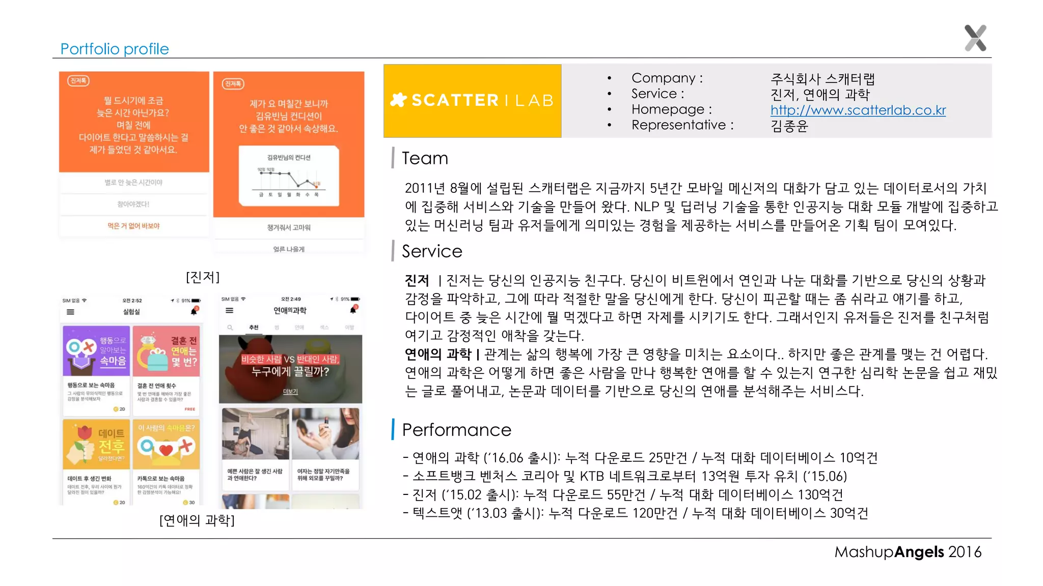 MashupAngels 2016
Portfolio profile
주식회사 스캐터랩
진저, 연애의 과학
http://www.scatterlab.co.kr
김종윤
• Company :
• Service :
• Homepage :
• Representative :
Team
2011년 8월에 설립된 스캐터랩은 지금까지 5년간 모바일 메신저의 대화가 담고 있는 데이터로서의 가치
에 집중해 서비스와 기술을 만들어 왔다. NLP 및 딥러닝 기술을 통한 인공지능 대화 모듈 개발에 집중하고
있는 머신러닝 팀과 유저들에게 의미있는 경험을 제공하는 서비스를 만들어온 기획 팀이 모여있다.
진저 | 진저는 당신의 인공지능 친구다. 당신이 비트윈에서 연인과 나눈 대화를 기반으로 당신의 상황과
감정을 파악하고, 그에 따라 적절한 말을 당신에게 한다. 당신이 피곤할 때는 좀 쉬라고 얘기를 하고,
다이어트 중 늦은 시간에 뭘 먹겠다고 하면 자제를 시키기도 한다. 그래서인지 유저들은 진저를 친구처럼
여기고 감정적인 애착을 갖는다.
연애의 과학 | 관계는 삶의 행복에 가장 큰 영향을 미치는 요소이다.. 하지만 좋은 관계를 맺는 건 어렵다.
연애의 과학은 어떻게 하면 좋은 사람을 만나 행복한 연애를 할 수 있는지 연구한 심리학 논문을 쉽고 재밌
는 글로 풀어내고, 논문과 데이터를 기반으로 당신의 연애를 분석해주는 서비스다.
Service
- 연애의 과학 (‘16.06 출시): 누적 다운로드 25만건 / 누적 대화 데이터베이스 10억건
- 소프트뱅크 벤처스 코리아 및 KTB 네트워크로부터 13억원 투자 유치 (‘15.06)
- 진저 (‘15.02 출시): 누적 다운로드 55만건 / 누적 대화 데이터베이스 130억건
- 텍스트앳 (‘13.03 출시): 누적 다운로드 120만건 / 누적 대화 데이터베이스 30억건
Performance
[진저]
[연애의 과학]
 
