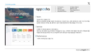 MashupAngels 2016
Portfolio profile
주식회사 애포샤
클라우드 DB
http://apposha.io
김상욱
• Company :
• Service :
• Homepage :
• Represen...