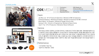 MashupAngels 2016
Portfolio profile
ODK Media Inc
OnDemandKorea
http://www.OnDemandKorea.com
Young Cha
• Company :
• Servi...