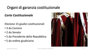 Organi di garanzia costituzionale
Corte Costituzionale
Elezione 15 giudici costituzionali
• 3 da Camera
• 2 da Senato
• 5 da Presidente della Repubblica
• 5 da ordine giudiziario
2016 © Davide Caocci Verso il referendum costituzionale 17
 