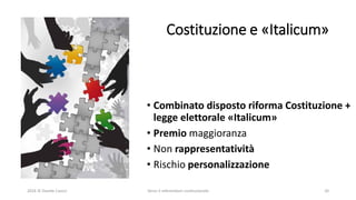 Costituzione e «Italicum»
• Combinato disposto riforma Costituzione +
legge elettorale «Italicum»
• Premio maggioranza
• Non rappresentatività
• Rischio personalizzazione
2016 © Davide Caocci Verso il referendum costituzionale 20
 