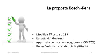 La proposta Boschi-Renzi
2016 © Davide Caocci Verso il referendum costituzionale 3
• Modifica 47 artt. su 139
• Redatta dal Governo
• Approvata con scarse maggioranze (56-57%)
• Da un Parlamento di dubbia legittimità
 