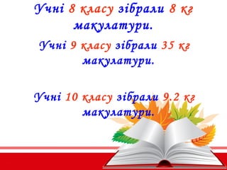 Учні 8 класу зібрали 8 кг
макулатури.
Учні 9 класу зібрали 35 кг
макулатури.
Учні 10 класу зібрали 9.2 кг
макулатури.
 