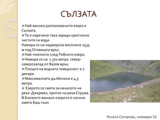 Ренета Сотирова, ноември’16
СЪЛЗАТА
Най-високо разположеното езеро е
Сълзата.
То е наречено така заради кристално
чистите си води.
Намира се на надморска височина 2535
м под Отовишки връх.
Най-плиткото след Рибното езеро.
Намира се на 1 370 метра север-
северозапад от Вазов връх.
Площта на водната повърхност е 7
декара.
Максималната дълбочина е 4,5
метра.
 Езерото се смята за началото на
река Джерман, приток на река Струма.
В близкото минало езерото е носило
името Баш гьол.
 