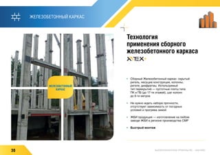30 ВЫСОКОТЕХНОЛОГИЧНОЕ СТРОИТЕЛЬСТВО — НАШ ПЛЮС
ЖЕЛЕЗОБЕТОННЫЙ КАРКАС
•	 Сборный Железобетонный каркас- скрытый
ригель, несущие конструкции, колонны,
ригеля, диафрагмы. Используемый
тип перекрытий — пустотные плиты типа
ПК и ПБ (до 17-ти этажей), шаг колонн
до 9-ти метров
•	 Не нужно ждать набора прочности,
отсутствует зависимость от погодных
условий и прогрева зимой
•	 ЖБИ продукция — изготовление на любом
заводе ЖБИ в регионе производства СМР
•	 Быстрый монтаж
Технология
применения сборного
железобетонного каркаса
ЖЕЛЕЗОБЕТОННЫЙ
КАРКАС
 