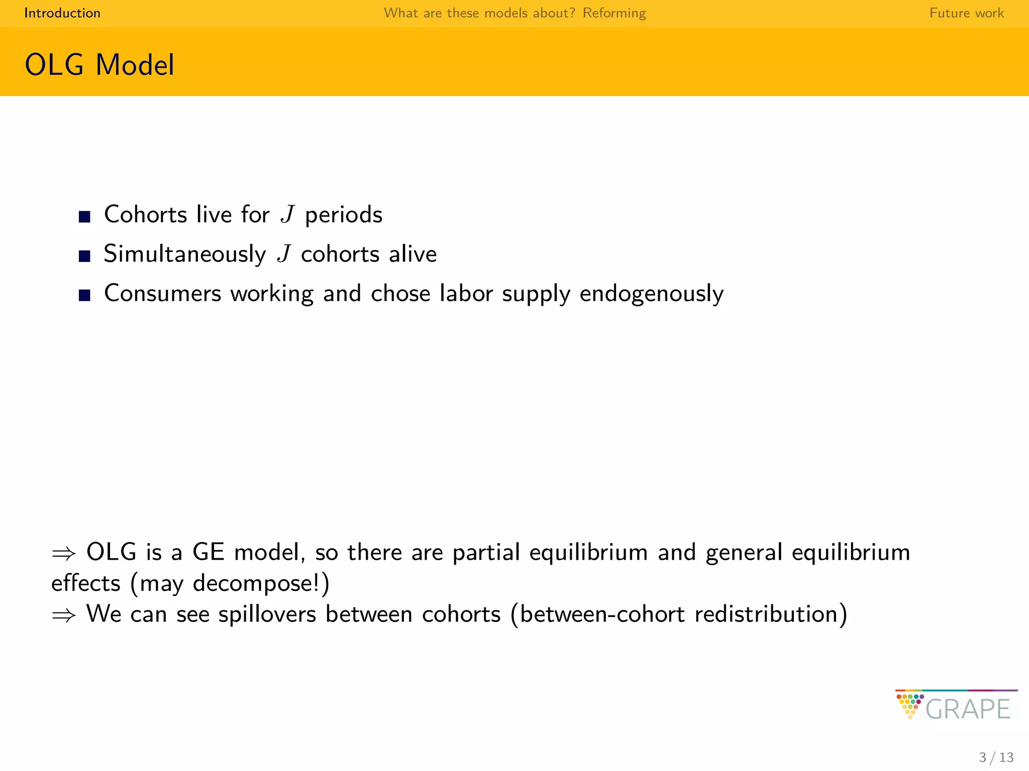 Introduction What are these models about? Reforming Future work
OLG Model
Cohorts live for J periods
Simultaneously J cohorts alive
Consumers working and chose labor supply endogenously
⇒ OLG is a GE model, so there are partial equilibrium and general equilibrium
eﬀects (may decompose!)
⇒ We can see spillovers between cohorts (between-cohort redistribution)
3 / 13
 
