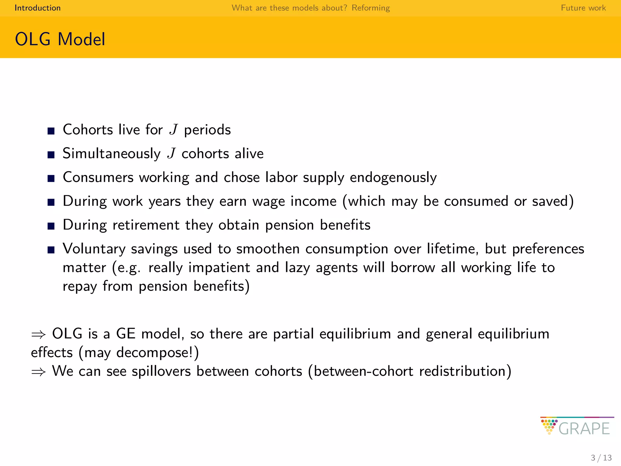 Introduction What are these models about? Reforming Future work
OLG Model
Cohorts live for J periods
Simultaneously J cohorts alive
Consumers working and chose labor supply endogenously
During work years they earn wage income (which may be consumed or saved)
During retirement they obtain pension beneﬁts
Voluntary savings used to smoothen consumption over lifetime, but preferences
matter (e.g. really impatient and lazy agents will borrow all working life to
repay from pension beneﬁts)
⇒ OLG is a GE model, so there are partial equilibrium and general equilibrium
eﬀects (may decompose!)
⇒ We can see spillovers between cohorts (between-cohort redistribution)
3 / 13
 