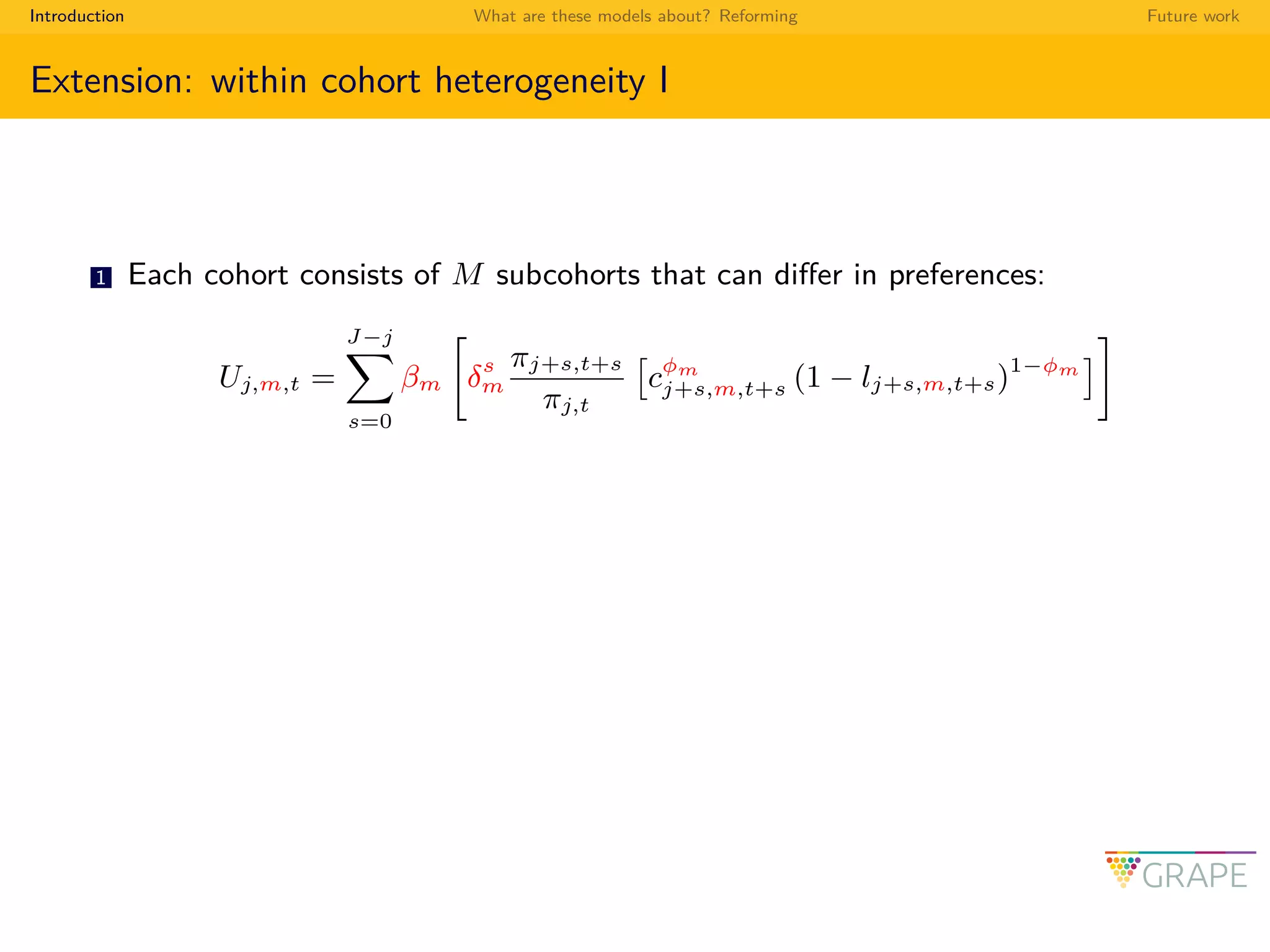 Introduction What are these models about? Reforming Future work
Extension: within cohort heterogeneity I
1 Each cohort consists of M subcohorts that can diﬀer in preferences:
Uj,m,t =
J−j
s=0
βm δs
m
πj+s,t+s
πj,t
cφm
j+s,m,t+s (1 − lj+s,m,t+s)1−φm
 