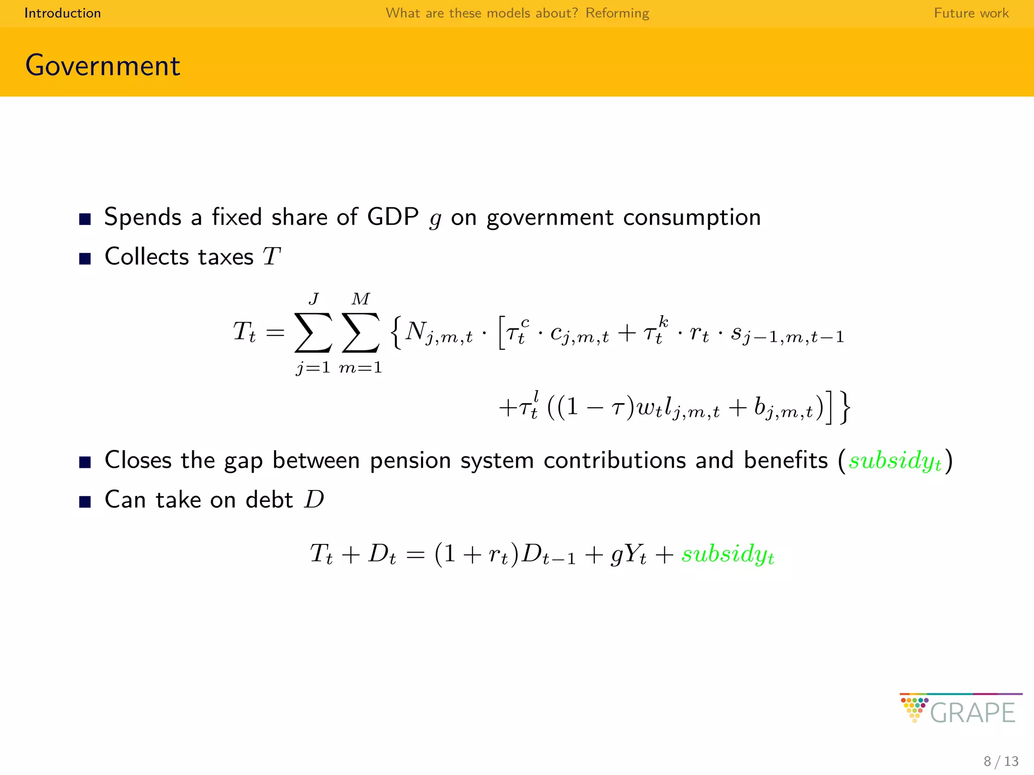 Introduction What are these models about? Reforming Future work
Government
Spends a ﬁxed share of GDP g on government consumption
Collects taxes T
Tt =
J
j=1
M
m=1
Nj,m,t · τc
t · cj,m,t + τk
t · rt · sj−1,m,t−1
+τl
t ((1 − τ)wtlj,m,t + bj,m,t)
Closes the gap between pension system contributions and beneﬁts (subsidyt)
Can take on debt D
Tt + Dt = (1 + rt)Dt−1 + gYt + subsidyt
8 / 13
 