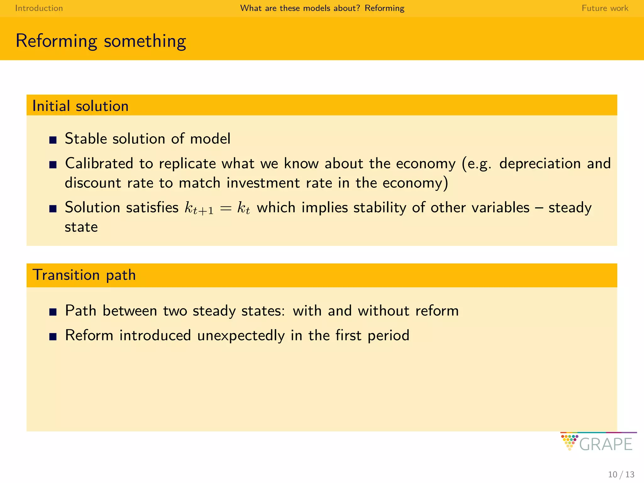 Introduction What are these models about? Reforming Future work
Reforming something
Initial solution
Stable solution of model
Calibrated to replicate what we know about the economy (e.g. depreciation and
discount rate to match investment rate in the economy)
Solution satisﬁes kt+1 = kt which implies stability of other variables – steady
state
Transition path
Path between two steady states: with and without reform
Reform introduced unexpectedly in the ﬁrst period
10 / 13
 