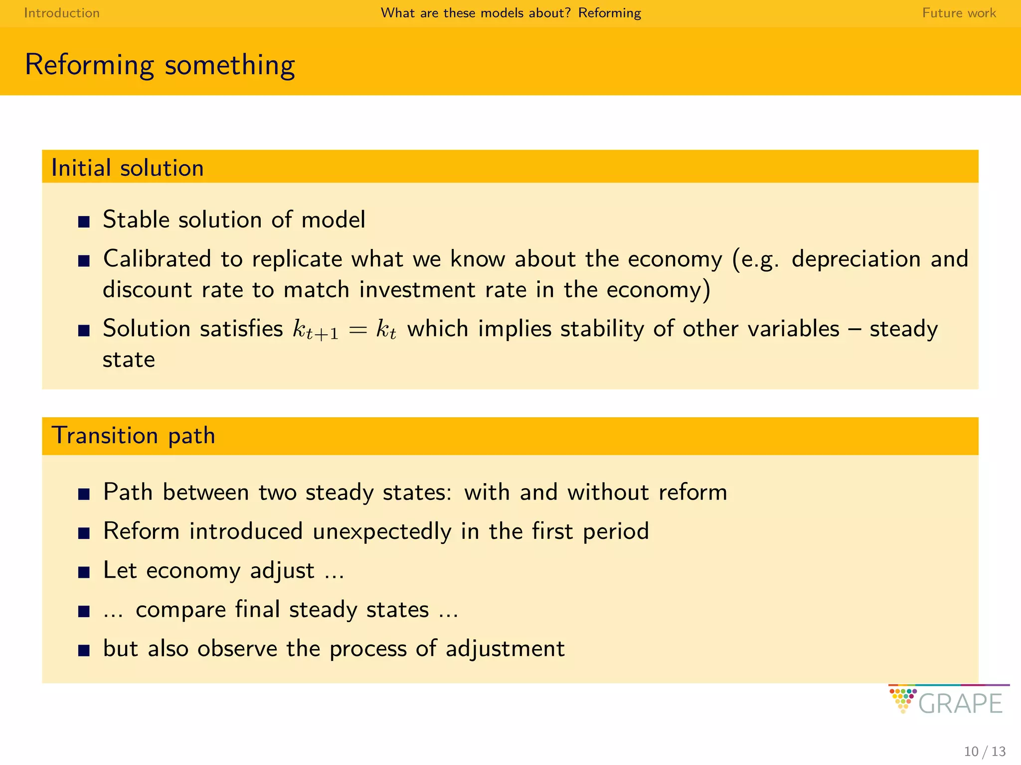 Introduction What are these models about? Reforming Future work
Reforming something
Initial solution
Stable solution of model
Calibrated to replicate what we know about the economy (e.g. depreciation and
discount rate to match investment rate in the economy)
Solution satisﬁes kt+1 = kt which implies stability of other variables – steady
state
Transition path
Path between two steady states: with and without reform
Reform introduced unexpectedly in the ﬁrst period
Let economy adjust ...
... compare ﬁnal steady states ...
but also observe the process of adjustment
10 / 13
 
