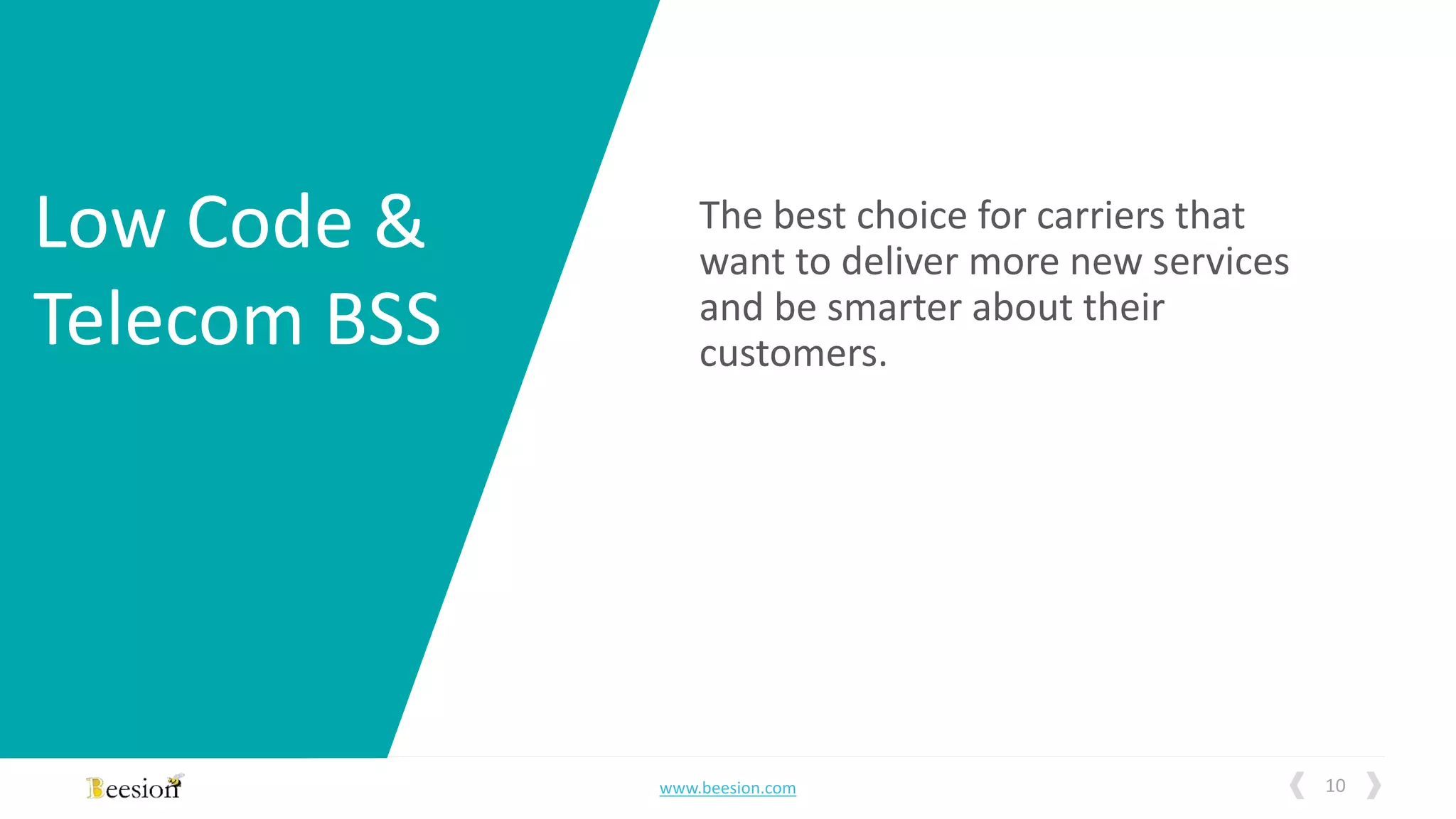 10www.beesion.com
Low Code &
Telecom BSS
The best choice for carriers that
want to deliver more new services
and be smarter about their
customers.
 