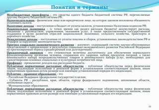 Понятия и термины
Межбюджетные трансферты - это средства одного бюджета бюджетной системы РФ, перечисляемые
другому бюджету бюджетной системы РФ.
Налогоплательщик - физическое лицо или юридическое лицо, на которое законом возложена обязанность
уплачивать налоги.
Налоговые доходы – поступления в бюджет от уплаты налогов, установленных Налоговым кодексом РФ.
Национальная экономика – (с точки зрения как раздел расходов бюджета) аккумулирует расходы,
связанные с руководством, управлением, оказанием услуг, а также предоставлением государственной
поддержки в целях развития отраслей национальной экономики: сельского хозяйства, транспорта и
дорожного хозяйства.
Неналоговые доходы – поступления от уплаты пошлин и сборов, установленных законодательством РФ и
штрафов за нарушение законодательства.
Прогноз социально-экономического развития - документ, содержащий систему научно-обоснованных
представлений о направлениях и результатах социально-экономического развития Российской Федерации
на прогнозируемый период (среднесрочный или долгосрочный).
Прожиточный минимум - это стоимостная величина достаточного для обеспечения нормального
функционирования организма человека, сохранения его здоровья, набора продуктов питания, а также
минимального набора непродовольственных товаров и минимального набора услуг, необходимых для
удовлетворения основных социальных и культурных потребностей лица.
Профицит - превышение доходов над расходами бюджета.
Публичные нормативные расходные обязательства - публичные обязательства перед физическим
лицом, подлежащие исполнению в денежной форме в установленном соответствующим законом, иным
нормативным правовым актом размере или имеющие установленный порядок его индексации.
Публично – правовое образование - это
- Российская Федерация (федеральное государство) в целом;
- Субъекты РФ - республики, края, области, города федерального подчинения, автономные области,
автономные округа;
- Муниципальные образования.
Публичные нормативные расходные обязательства - публичные обязательства перед физическим
лицом, подлежащие исполнению в денежной форме в установленном соответствующим законом, иным
нормативным правовым актом размере или имеющие установленный порядок его индексации.
53
 