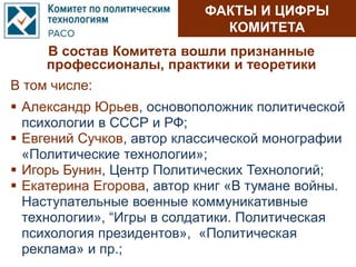 ФАКТЫ И ЦИФРЫ
КОМИТЕТА
В состав Комитета вошли признанные
профессионалы, практики и теоретики
 Александр Юрьев, основоположник политической
психологии в СССР и РФ;
 Евгений Сучков, автор классической монографии
«Политические технологии»;
 Игорь Бунин, Центр Политических Технологий;
 Екатерина Егорова, автор книг «В тумане войны.
Наступательные военные коммуникативные
технологии», “Игры в солдатики. Политическая
психология президентов», «Политическая
реклама» и пр.;
В том числе:
 