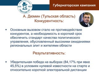 А. Дюмин (Тульская область)
Конкурентность:
 Основным вызовом стало не противодействие
конкурентов, а необходимость в короткий срок
обеспечить стандарт качества политического
управления, обусловленный высокими ожиданиями
региональных элит и жителями области
Результативность:
 Убедительная победа на выборах (84,17% при явке
45,5%) в условиях нулевой известности на старте и
относительно короткой электоральной дистанции
Губернаторская кампания
 