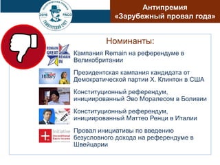 Номинанты:
Кампания Remain на референдуме в
Великобритании
Президентская кампания кандидата от
Демократической партии Х. Клинтон в США
Конституционный референдум,
инициированный Эво Моралесом в Боливии
Конституционный референдум,
инициированный Маттео Ренци в Италии
Провал инициативы по введению
безусловного дохода на референдуме в
Швейцарии
Антипремия
«Зарубежный провал года»
 