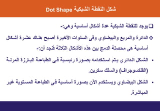ٌ‫الشبن‬ ‫النوط‬ ‫شنل‬Dot Shape
ً‫وه‬ ٌ‫أتات‬ ‫أشنال‬ ‫ي‬ ‫ا‬ ٌ‫الشبن‬ ‫للنوط‬ ‫ٌوم‬:-
‫أشتنال‬ ‫اشتري‬ ‫هنتاك‬ ‫أصتبح‬ ‫األخٌتري‬ ‫التنواخ‬ ‫وفى‬ ‫والبٌضاوي‬ ‫والمربع‬ ‫ائري‬ ‫ال‬
‫أ‬‫أن‬ ‫فنم‬ ‫الثالث‬ ‫األشنال‬ ‫هذه‬ ‫بٌن‬ ‫مج‬ ‫ال‬ ‫ميصل‬ ‫هى‬ ٌ‫تات‬:-
•‫ت‬‫ت‬‫المرن‬ ‫ي‬ ‫تار‬‫ت‬‫الب‬ ‫ت‬‫ت‬‫الطباا‬ ‫تى‬‫ت‬‫ف‬ ٌ‫ت‬‫ت‬‫رئٌت‬ ‫توري‬‫ت‬‫بص‬ ‫امه‬ ‫تتخ‬‫ت‬‫ات‬ ‫تتت‬‫ت‬ٌ ‫ائري‬ ‫ت‬‫ت‬‫ال‬ ‫تنل‬‫ت‬‫الش‬
(‫التلنتومراف‬)‫تنرٌن‬ ‫والتلك‬.
•‫رٌتر‬ ٌ‫المتتتو‬ ‫الطباات‬ ‫فتى‬ ٌ‫أتاتت‬ ‫بصتوري‬ ‫اآلن‬ ‫ت‬ ‫وٌتتتخ‬ ‫البٌضتاوي‬ ‫الشنل‬
‫المباشري‬.
 