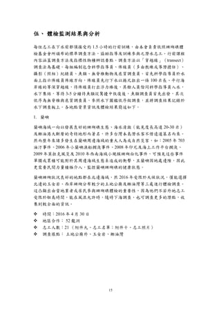 15
伍、 體檢監測結果與分析
每位志工在下水前都須接受約 1.5 小時的行前訓練，由本會負責依照珊瑚礁體
檢基金會所頒布的標準調查方法，協助指導及訓練參與之潛水志工。行前課程
內容涵蓋調查方法及指標性物種辨認要點。調查方法以「穿越線」（transect）
調查法為基礎。每組編制包含科學指導員、佈線員（多由教練或導潛擔任）、
攝影（照相）紀錄員、魚類、無脊椎動物及底質調查員。首先科學指導員於水
面上指示佈線員佈線方向，佈線員先行下水以捲尺拉出一條 100 米長、平行海
岸線的等深穿越線，待佈線員打出浮力棒後，其餘人員偕同科學指導員入水，
水下集結，等待 3-5 分鐘待魚類從驚擾中恢復後，魚類調查員首先出發，其次
依序為無脊椎與底質調查員，參照水下圖鑑依序做調查，並將調查結果記錄於
水下調查板上。
一、各地點結果與概述
1. 蘭嶼
蘭嶼海域一向以發展良好的珊瑚礁生態、海水清澈（能見度長高達 20-30 米）
及椰油港大斷層的奇特地形而著名，許多台灣本島潛水客不惜遠道慕名而來。
然而歷年來諸多發生在蘭嶼周邊海域的重大人為或自然災害，如：2005 年 703
油汙事件、2006 年小蘭嶼漁船擱淺事件、2008 年印尼及海上工作平台擱淺、
2009 年莫拉克風災及 2010 年西南海域小規模珊瑚白化事件，可預見這些事件
單獨或累積可能對於其周邊海域生態系造成的衝擊，且蘭嶼因地處邊陲，因此
更需要民間力量積極介入，監控蘭嶼珊瑚礁的健康狀態。
蘭嶼珊瑚狀況良好的地點都在北邊海域，然 2016 年受限於天候狀況，僅能選擇
北邊的玉女岩、西岸珊瑚分布較少的土地公廟及椰油灣等三處進行體檢調查。
這凸顯出由當地業者或居民參與珊瑚礁體檢的重要性，因為他們不若外地志工
受限於駐島時間，能在風浪允許時，隨時下海調查，也可調查更多的潛點，收
集到較全面的資訊。
 時間：2016 年 4 月 30 日
 地區合作： 52 龍洞
 志工人數：21 （附件九、志工名單；附件十、志工照片）
 調查樣點： 土地公廟外、玉女岩、椰油灣
 