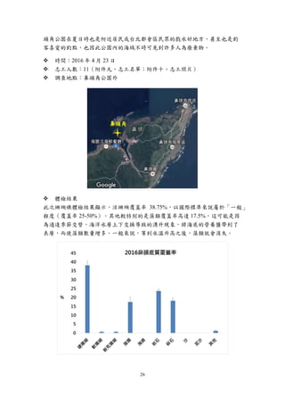 26
頭角公園在夏日時也是附近居民或台北都會區民眾的戲水好地方，甚至也是釣
客喜愛的釣點，也因此公園內的海域不時可見到許多人為廢棄物。
 時間：2016 年 4 月 23 日
 志工人數：11（附件九、志工名單；附件十、志工照片）
 調查地點：鼻頭角公園外
 體檢結果
此次珊瑚礁體檢結果顯示，活珊瑚覆蓋率 38.75%，以國際標準來說屬於「一般」
程度（覆蓋率 25-50%）。其他較特別的是藻類覆蓋率高達 17.5%，這可能是因
為適逢季節交替，海洋水層上下交換導致的湧升現象，將海底的營養鹽帶到了
表層，而使藻類數量增多。一般來說，等到水溫升高之後，藻類就會消失。
鼻頭角
 