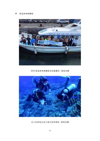 72
 綠島珊瑚礁體檢
2016 綠島珊瑚礁體檢空拍團體照 - 陳泰佑攝
志工在綠島大白沙進行底質調查 - 陳泰佑攝
 