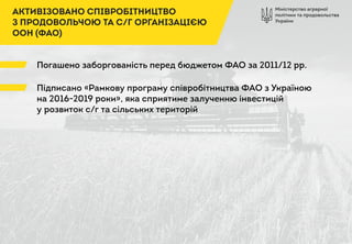 Міністерство аграрної
політики та продовольства
України
АКТИВІЗОВАНО СПІВРОБІТНИЦТВО
З ПРОДОВОЛЬЧОЮ ТА С/Г ОРГАНІЗАЦІЄЮ
ООН (ФАО)
Погашено заборгованість перед бюджетом ФАО за 2011/12 рр.
Підписано «Рамкову програму співробітництва ФАО з Україною
на 2016-2019 роки», яка сприятиме залученню інвестицій
у розвиток с/г та сільських територій
 