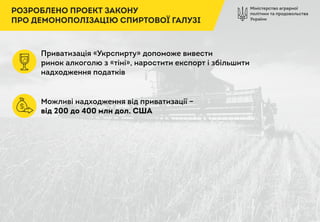Міністерство аграрної
політики та продовольства
України
РОЗРОБЛЕНО ПРОЕКТ ЗАКОНУ
ПРО ДЕМОНОПОЛІЗАЦІЮ СПИРТОВОЇ ГАЛУЗІ
Приватизація «Укрспирту» допоможе вивести
ринок алкоголю з «тіні», наростити експорт і збільшити
надходження податків
Можливі надходження від приватизації –
від 200 до 400 млн дол. США
$
 