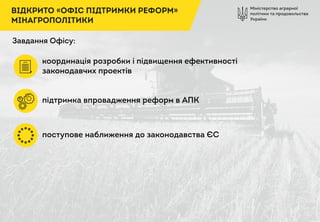 Міністерство аграрної
політики та продовольства
України
ВІДКРИТО «ОФІС ПІДТРИМКИ РЕФОРМ»
МІНАГРОПОЛІТИКИ
Завдання Офісу:
координація розробки і підвищення ефективності
законодавчих проектів
підтримка впровадження реформ в АПК
поступове наближення до законодавства ЄС
 